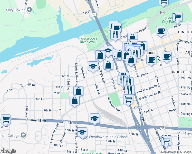 map of restaurants, bars, coffee shops, grocery stores, and more near 2819 6th Street in Tuscaloosa