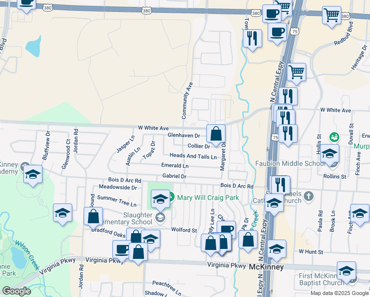 map of restaurants, bars, coffee shops, grocery stores, and more near 2433 Collier Drive in McKinney