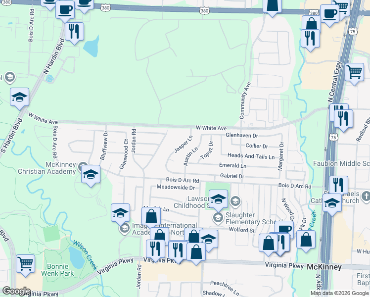 map of restaurants, bars, coffee shops, grocery stores, and more near 812 Jasper Ln in McKinney