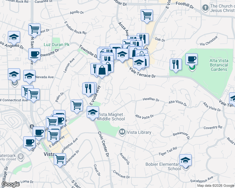 map of restaurants, bars, coffee shops, grocery stores, and more near 653 Verdant Place in Vista