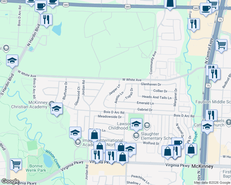 map of restaurants, bars, coffee shops, grocery stores, and more near 812 Jasper Lane in McKinney