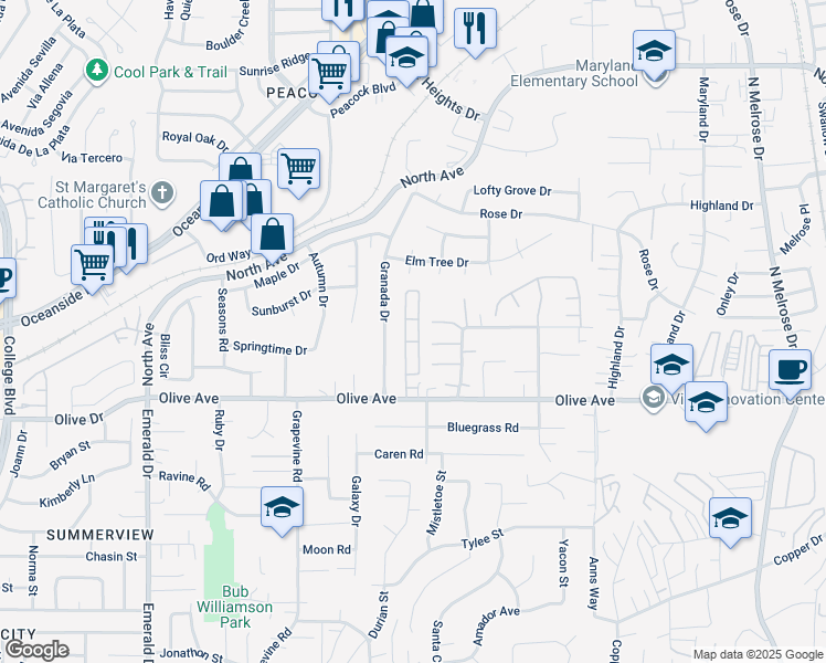map of restaurants, bars, coffee shops, grocery stores, and more near 1333 Olive Avenue in Vista