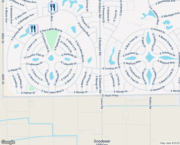 map of restaurants, bars, coffee shops, grocery stores, and more near 26416 South Pima Place in Sun Lakes