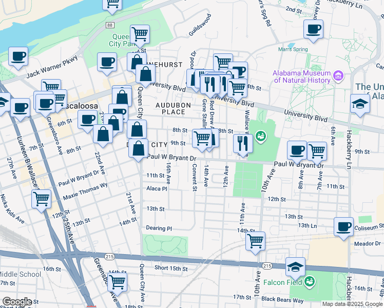 map of restaurants, bars, coffee shops, grocery stores, and more near 1426 Paul W Bryant Drive in Tuscaloosa