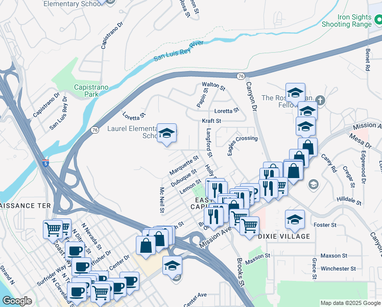 map of restaurants, bars, coffee shops, grocery stores, and more near 1509 Laurel Street in Oceanside