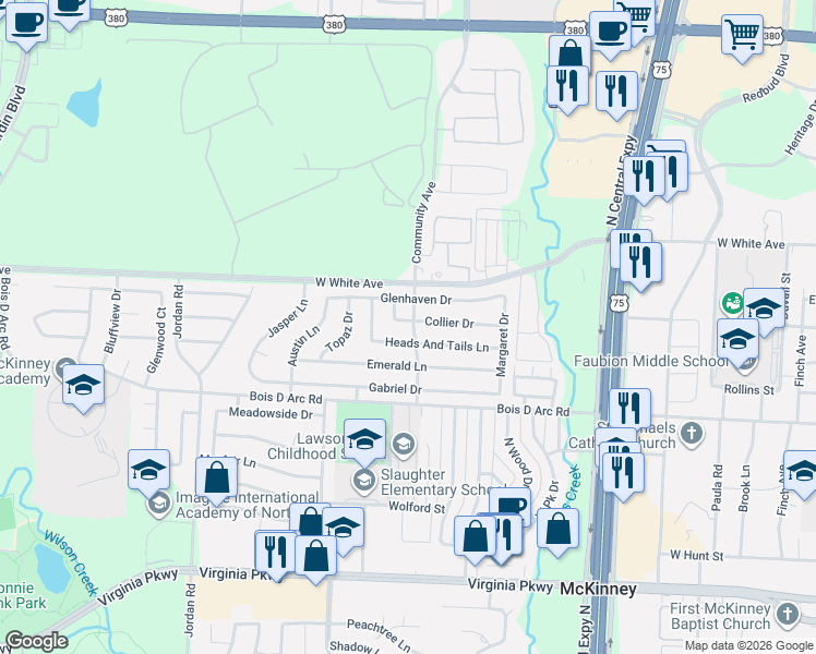 map of restaurants, bars, coffee shops, grocery stores, and more near 2501 Collier Drive in McKinney