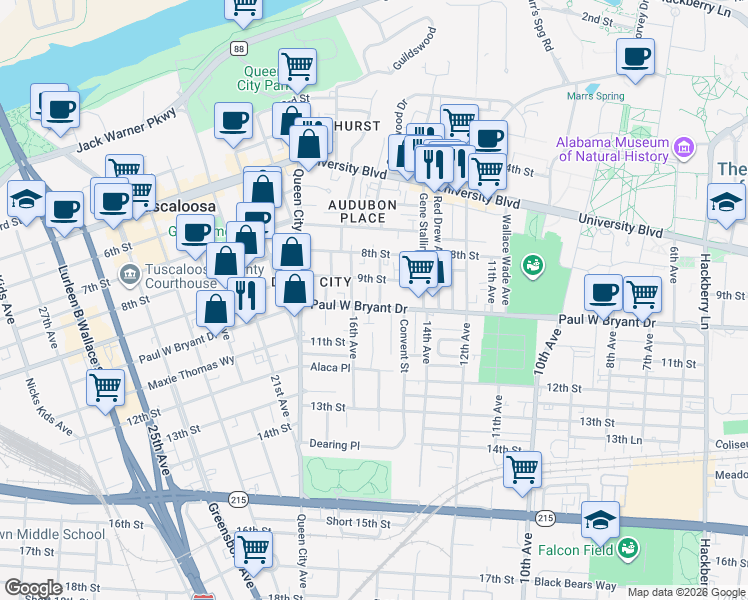map of restaurants, bars, coffee shops, grocery stores, and more near 1528 Paul William Bryant Drive in Tuscaloosa