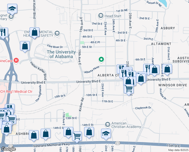 map of restaurants, bars, coffee shops, grocery stores, and more near 821 21st Avenue East in Tuscaloosa