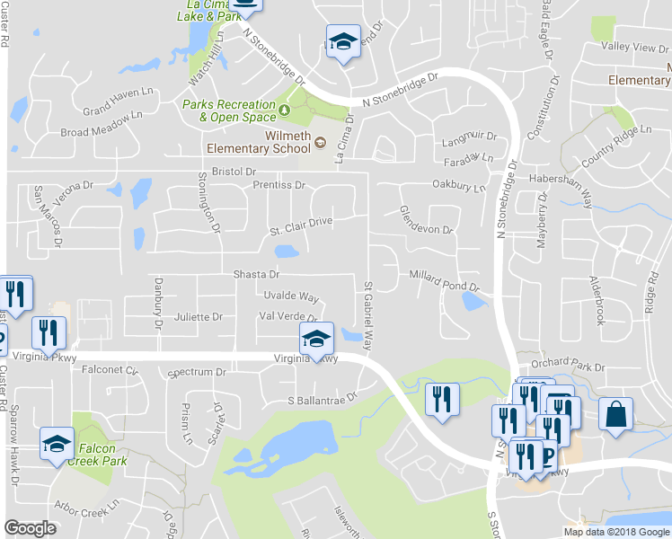 map of restaurants, bars, coffee shops, grocery stores, and more near 7516 Shasta Drive in McKinney
