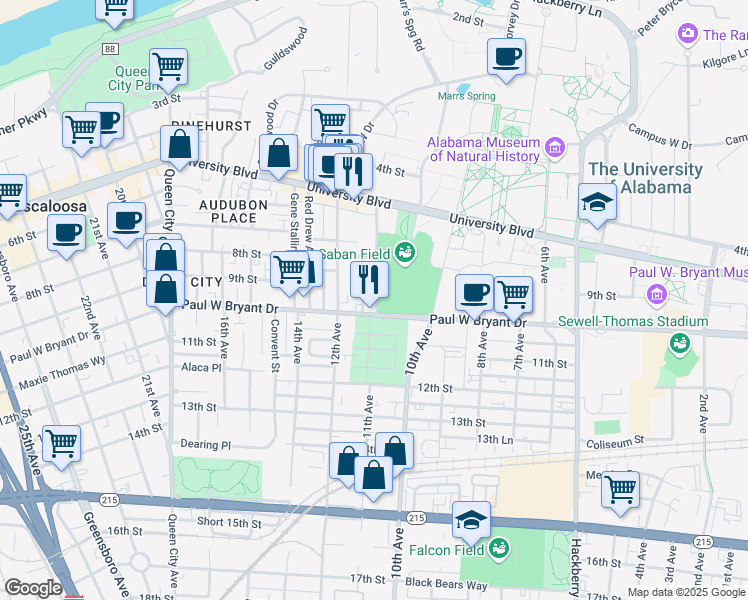 map of restaurants, bars, coffee shops, grocery stores, and more near 922 Wallace Wade Avenue in Tuscaloosa