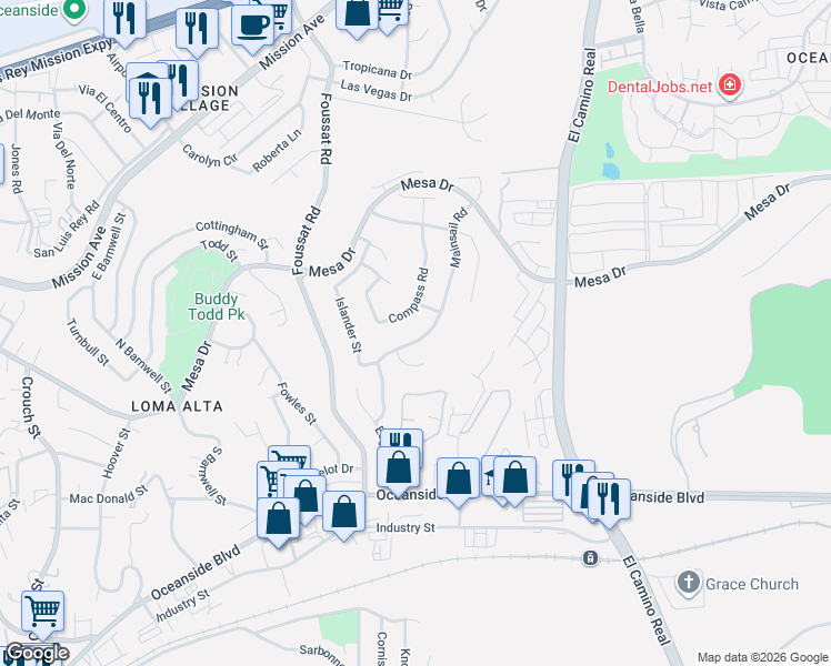 map of restaurants, bars, coffee shops, grocery stores, and more near 427 Mainsail Road in Oceanside