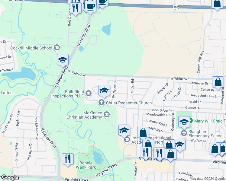 map of restaurants, bars, coffee shops, grocery stores, and more near 803 Bluffview Drive in McKinney