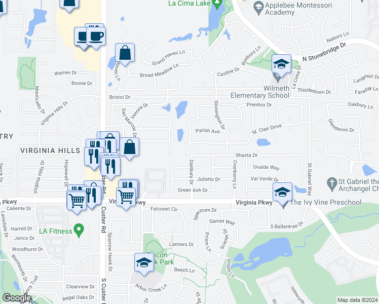 map of restaurants, bars, coffee shops, grocery stores, and more near 8400 Shasta Drive in McKinney