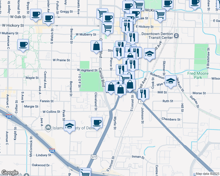 map of restaurants, bars, coffee shops, grocery stores, and more near 320 Eagle Drive in Denton