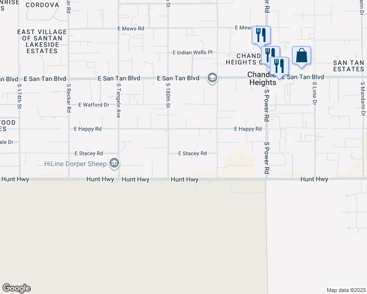 map of restaurants, bars, coffee shops, grocery stores, and more near 18022 East Stacey Road in Queen Creek