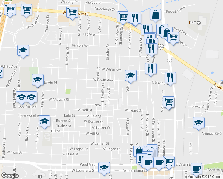 map of restaurants, bars, coffee shops, grocery stores, and more near 705 West Josephine Street in McKinney
