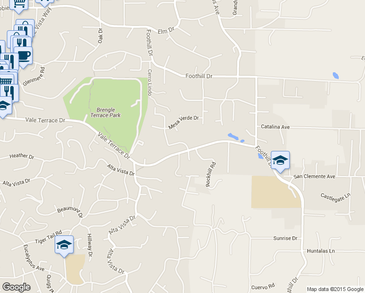 map of restaurants, bars, coffee shops, grocery stores, and more near 103 Alta Mesa Drive in Vista