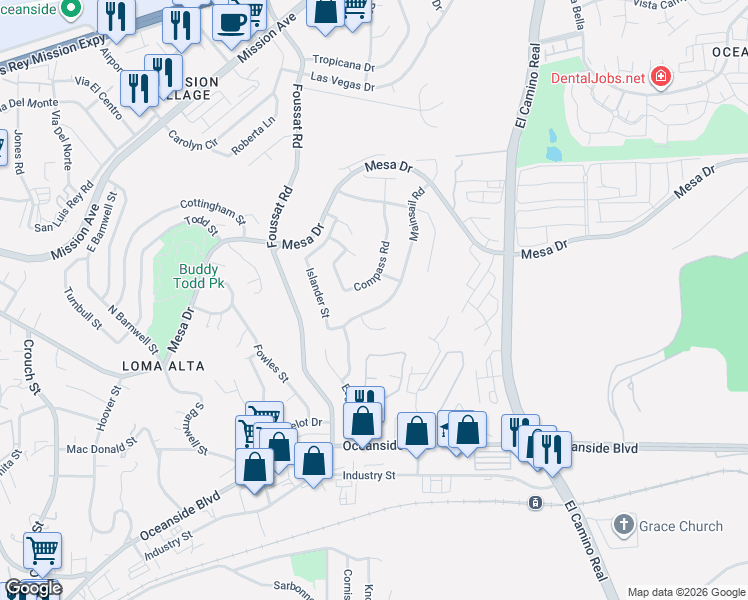 map of restaurants, bars, coffee shops, grocery stores, and more near 427 Mainsail Road in Oceanside