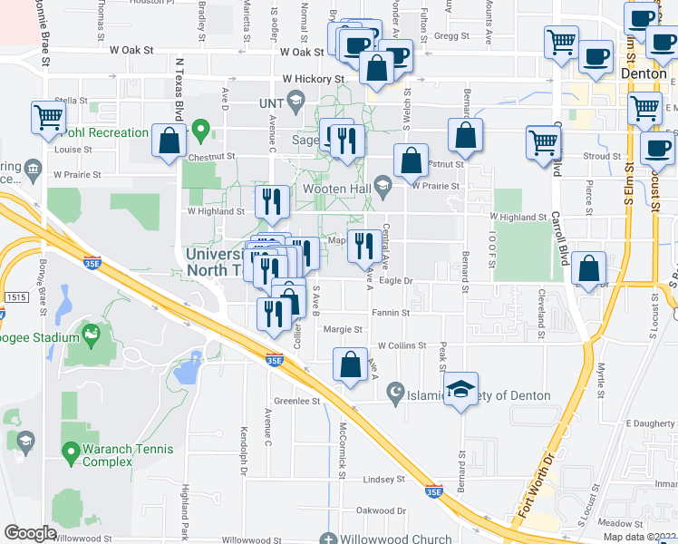 map of restaurants, bars, coffee shops, grocery stores, and more near 800 Avenue A in Denton