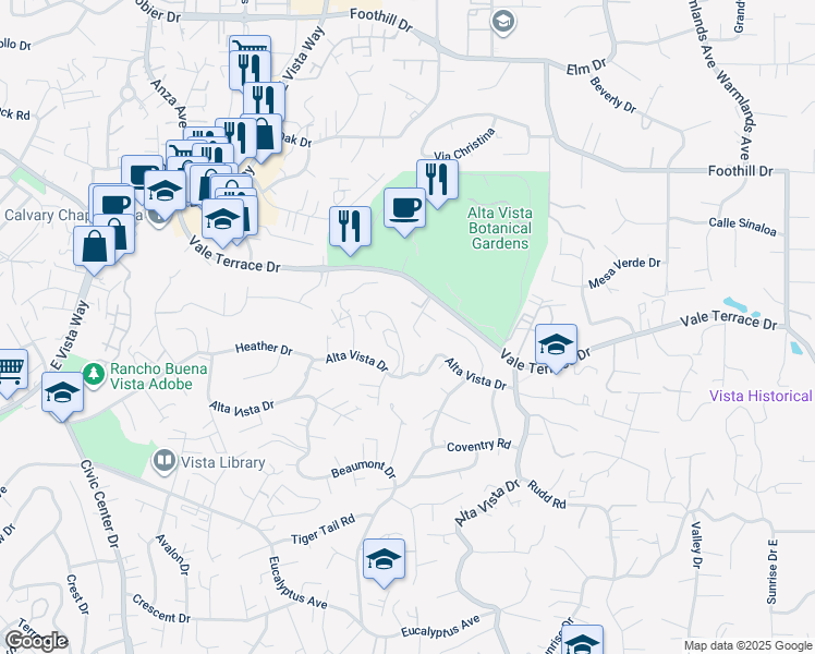 map of restaurants, bars, coffee shops, grocery stores, and more near 1306 Alta Vista Drive in Vista