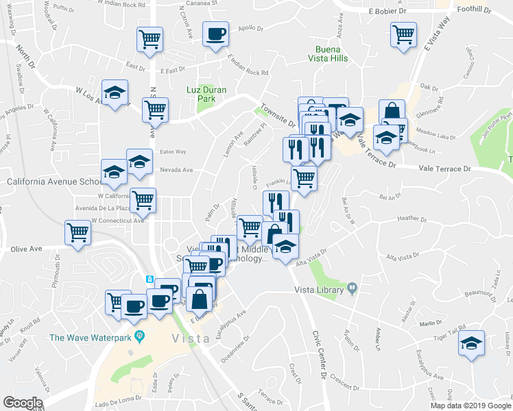 map of restaurants, bars, coffee shops, grocery stores, and more near 221 Ardys Place in Vista