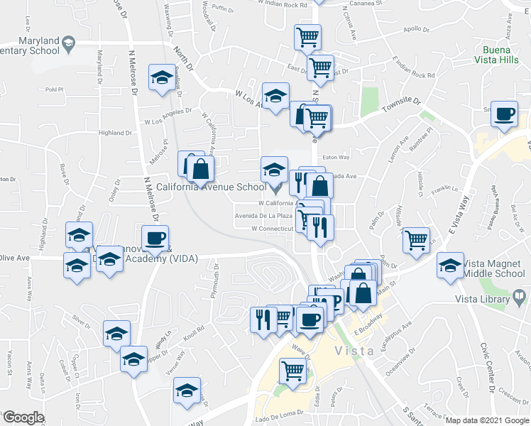 map of restaurants, bars, coffee shops, grocery stores, and more near 239 Avenida De La Plaza in Vista
