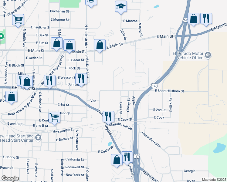 map of restaurants, bars, coffee shops, grocery stores, and more near 1603 East Short Hillsboro Street in El Dorado
