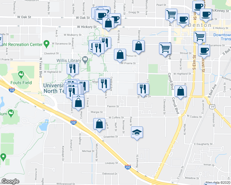 map of restaurants, bars, coffee shops, grocery stores, and more near 808 South Welch Street in Denton