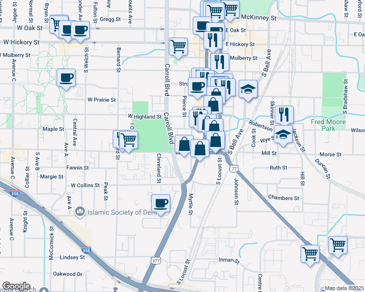 map of restaurants, bars, coffee shops, grocery stores, and more near 320 Eagle Drive in Denton