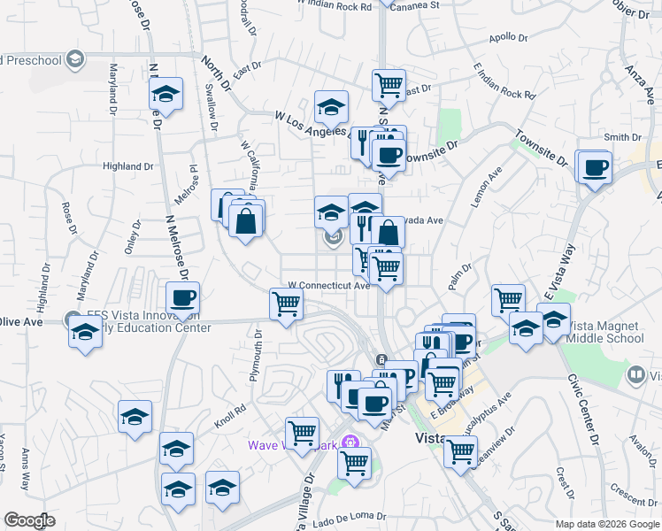 map of restaurants, bars, coffee shops, grocery stores, and more near 239 Avenida De La Plaza in Vista