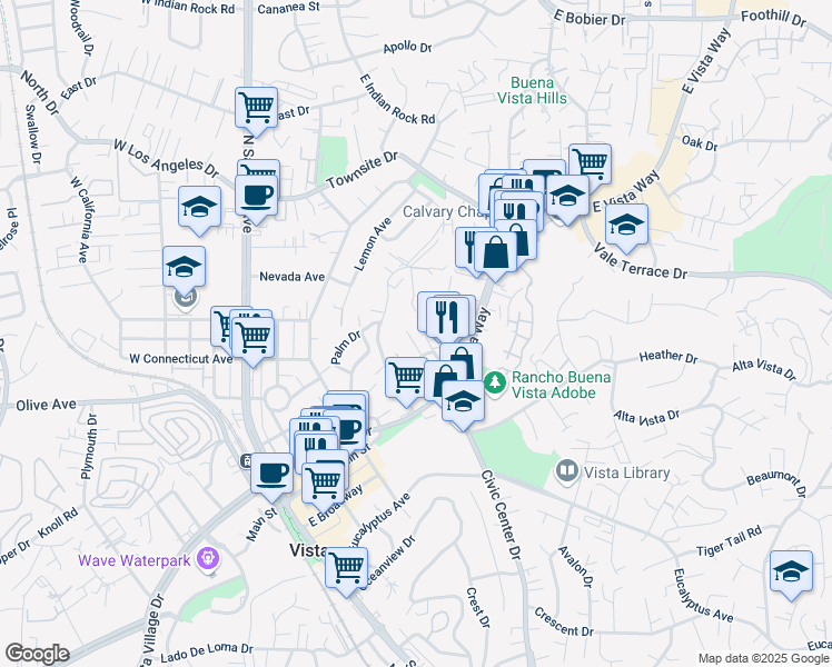 map of restaurants, bars, coffee shops, grocery stores, and more near 221 Ardys Place in Vista