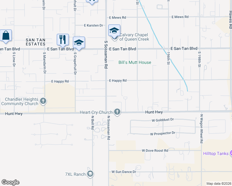 map of restaurants, bars, coffee shops, grocery stores, and more near 19238 East Stacey Road in Queen Creek