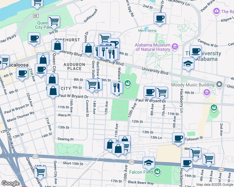 map of restaurants, bars, coffee shops, grocery stores, and more near 919 11th Avenue in Tuscaloosa