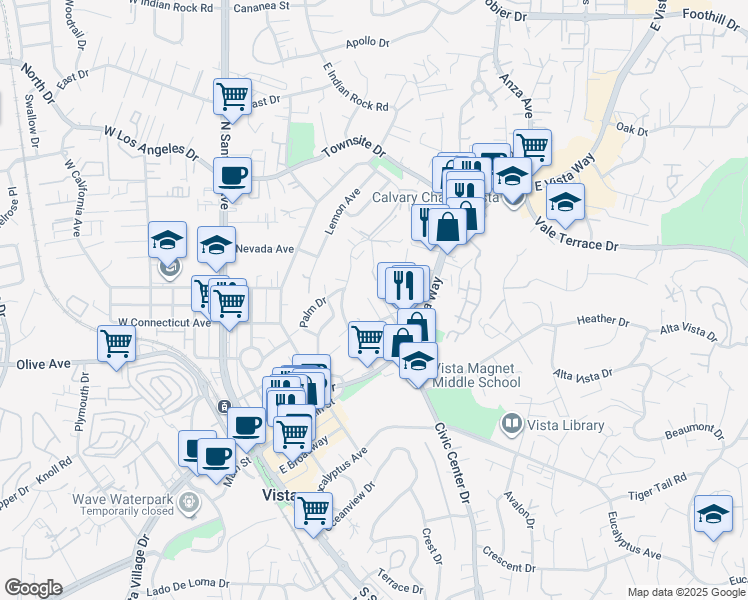 map of restaurants, bars, coffee shops, grocery stores, and more near 223 Ardys Place in Vista