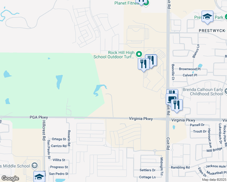 map of restaurants, bars, coffee shops, grocery stores, and more near 12500 Rockhill Parkway in Frisco