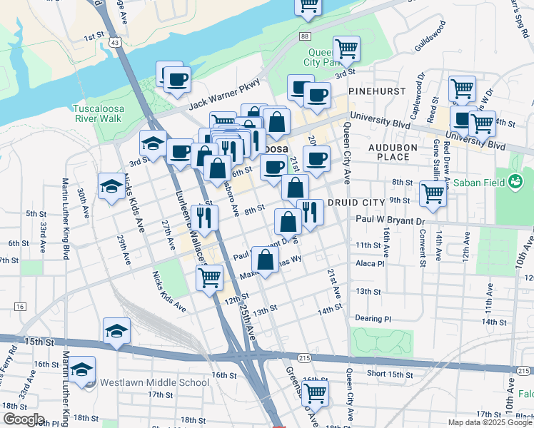 map of restaurants, bars, coffee shops, grocery stores, and more near 811 23rd Avenue in Tuscaloosa
