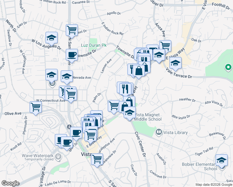 map of restaurants, bars, coffee shops, grocery stores, and more near 221 Ardys Place in Vista