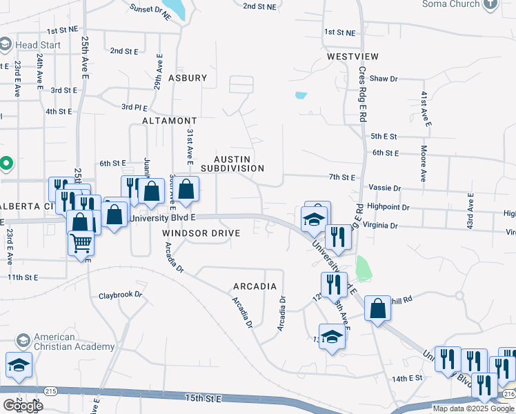 map of restaurants, bars, coffee shops, grocery stores, and more near 3328 University Boulevard East in Tuscaloosa