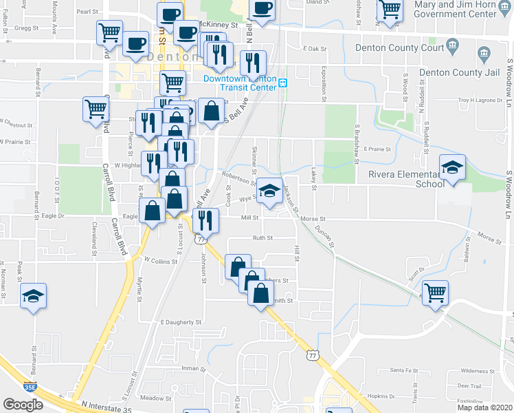 map of restaurants, bars, coffee shops, grocery stores, and more near 816 Cross Timber St in Denton