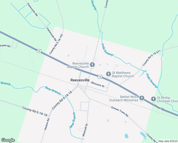 map of restaurants, bars, coffee shops, grocery stores, and more near 301 Rigby Street in Reevesville