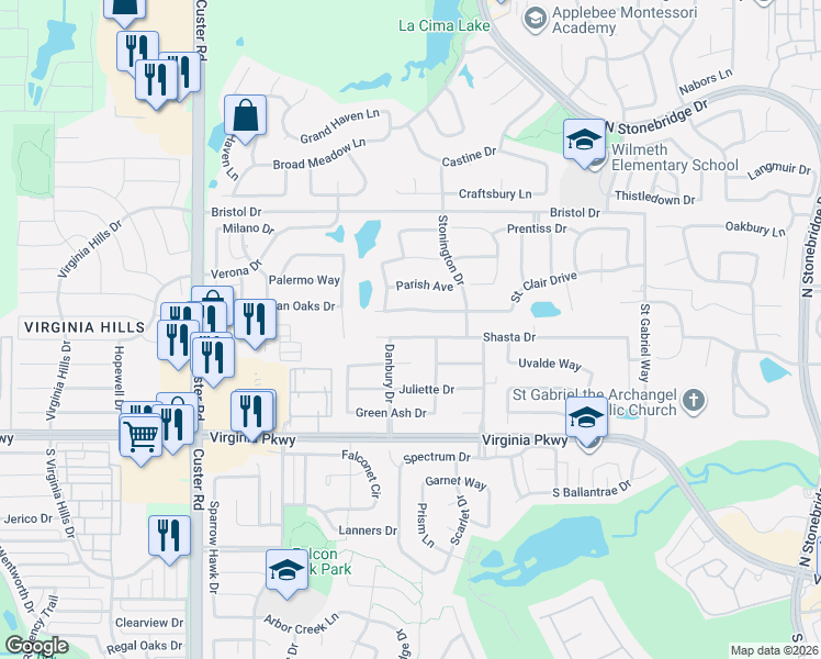 map of restaurants, bars, coffee shops, grocery stores, and more near 8216 Shasta Drive in McKinney