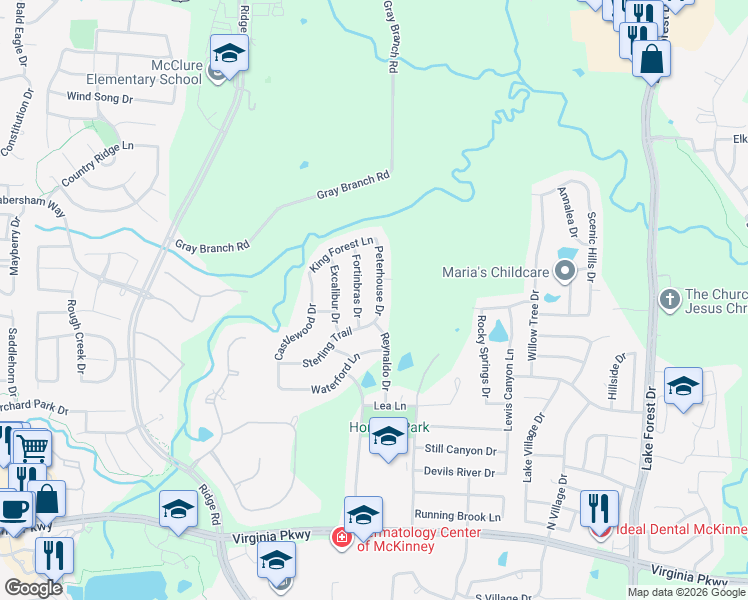 map of restaurants, bars, coffee shops, grocery stores, and more near 601 Peterhouse Drive in McKinney