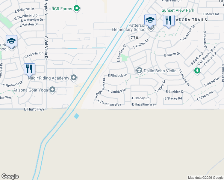 map of restaurants, bars, coffee shops, grocery stores, and more near 2038 East Lindrick Drive in Gilbert
