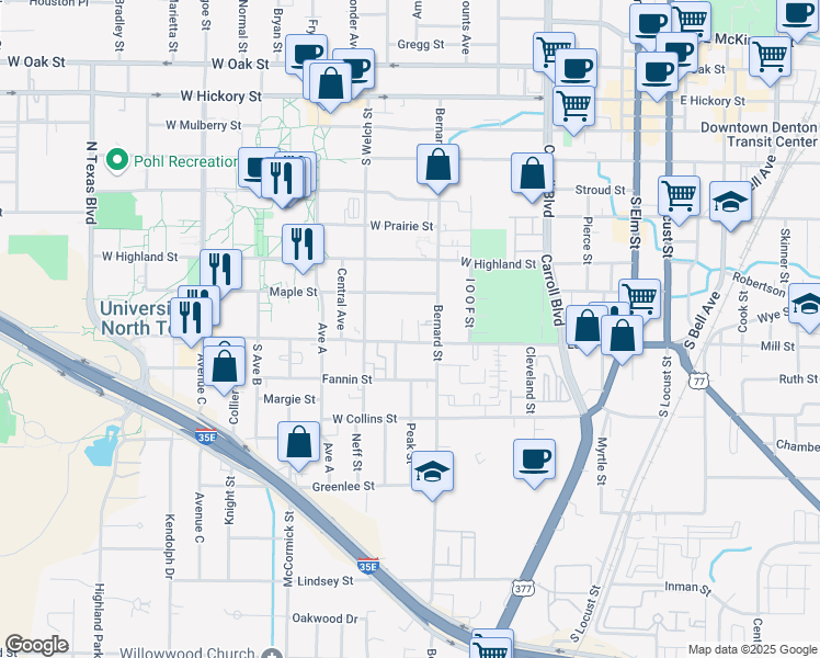 map of restaurants, bars, coffee shops, grocery stores, and more near 910-912 Eagle Drive in Denton