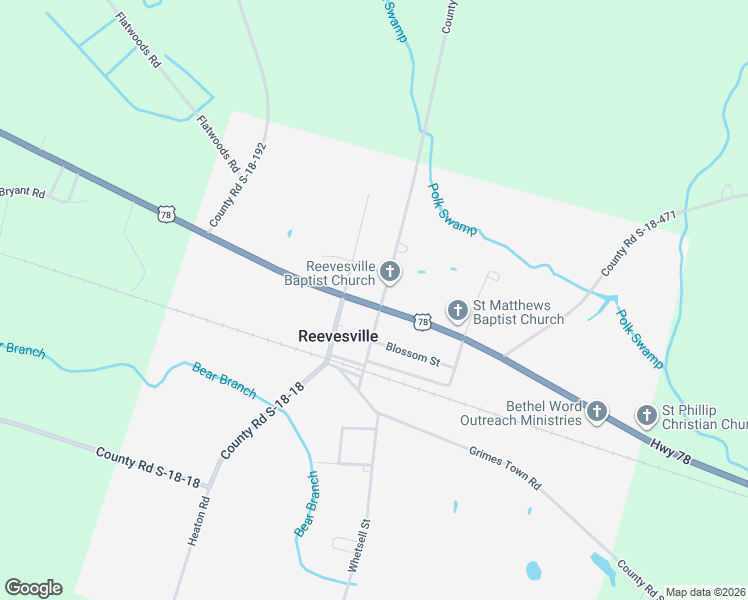 map of restaurants, bars, coffee shops, grocery stores, and more near 301 Rigby Street in Reevesville