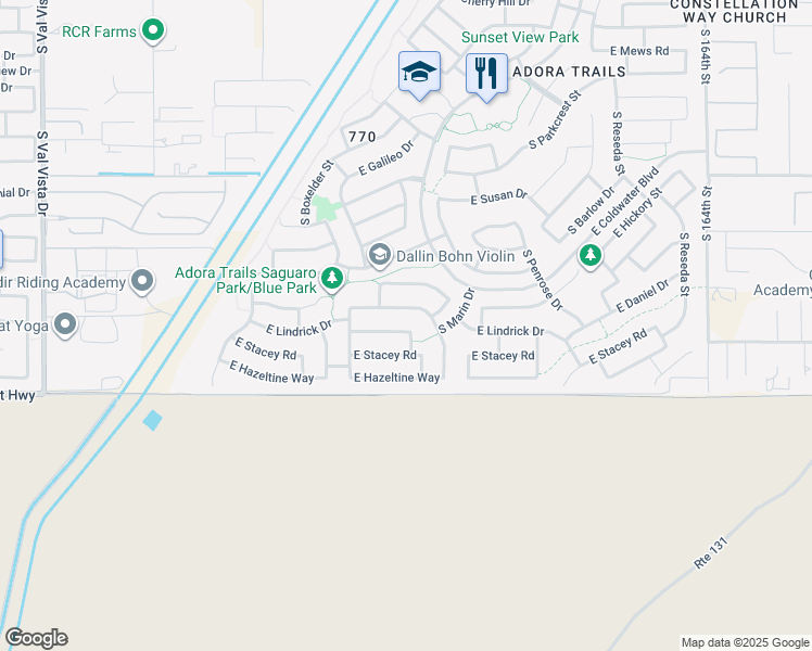 map of restaurants, bars, coffee shops, grocery stores, and more near 2234 East Lindrick Drive in Gilbert