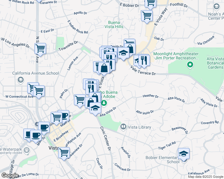 map of restaurants, bars, coffee shops, grocery stores, and more near 715 Paseo Roble in Vista