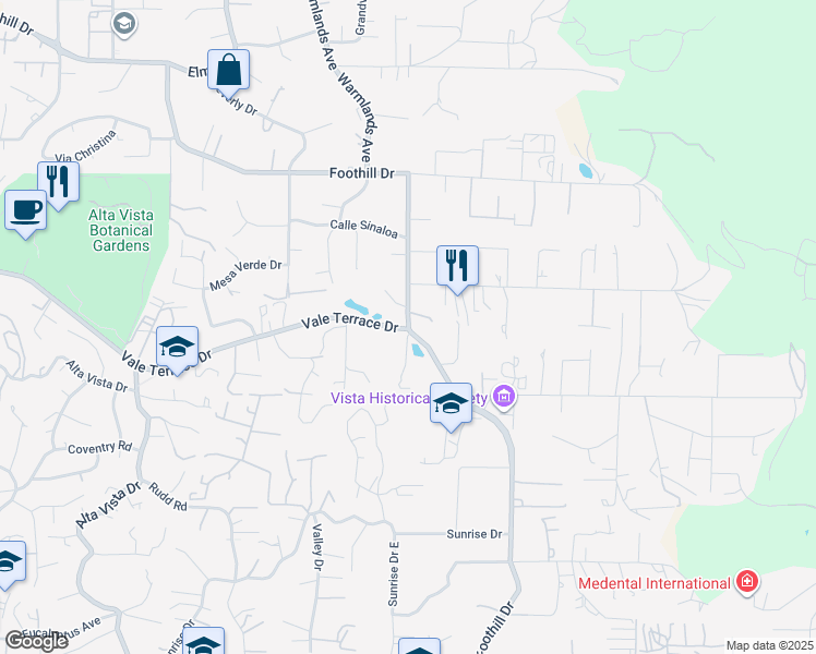 map of restaurants, bars, coffee shops, grocery stores, and more near Foothill Drive in Vista