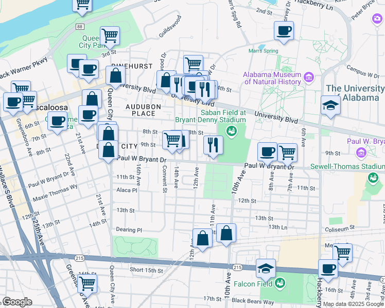 map of restaurants, bars, coffee shops, grocery stores, and more near 824 Frank Thomas Avenue in Tuscaloosa