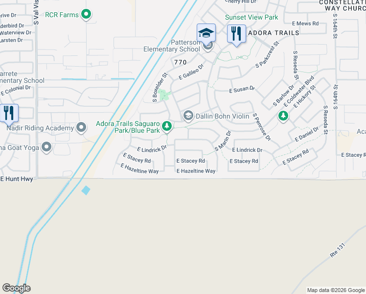 map of restaurants, bars, coffee shops, grocery stores, and more near 2168 East Lindrick Drive in Gilbert